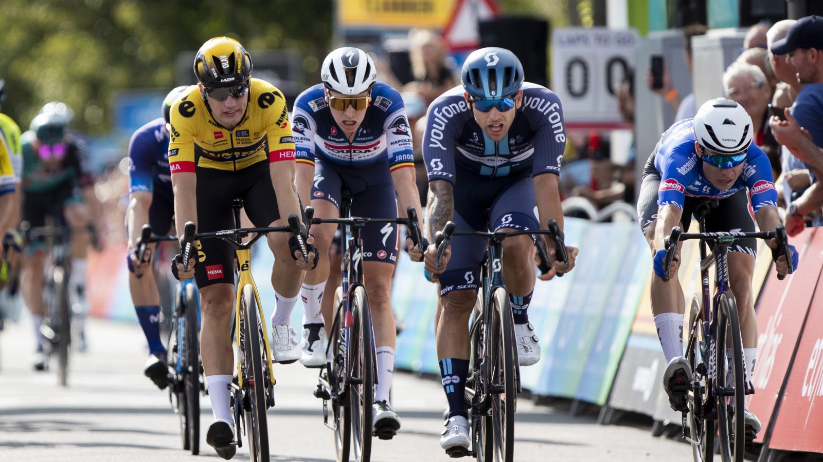 Australian Sam Welsford (C) of Team DSM wins ahead of Dutch Olav Kooij (L) of Jumbo-Visma and Belgian Jasper Philipsen (R) of Alpecin-Deceuninck in stage 4 of the Renewi cycling tour, from Beringen to Peer (179,4km), Saturday 26 August 2023. The Renewi cycling tour takes place from 23 to 27 August. BELGA PHOTO KRISTOF VAN ACCOM