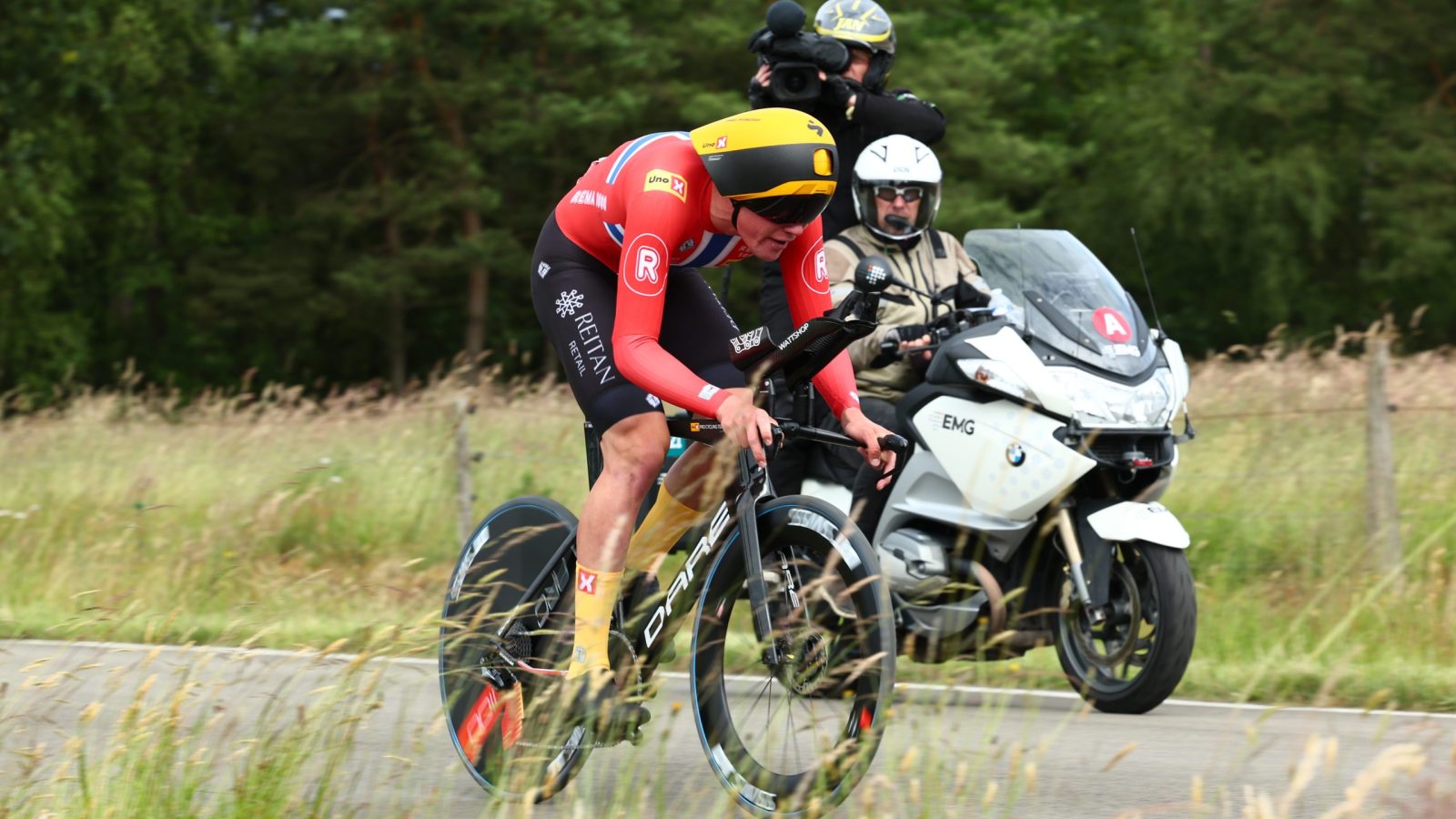 Norway's Soren Waerenskjold pictured in action during the first stage of the Baloise Belgium Tour cycling race, an individual time trial of 12km, in Koersel, on Wednesday 12 June 2024.
BELGA PHOTO DAVID PINTENS