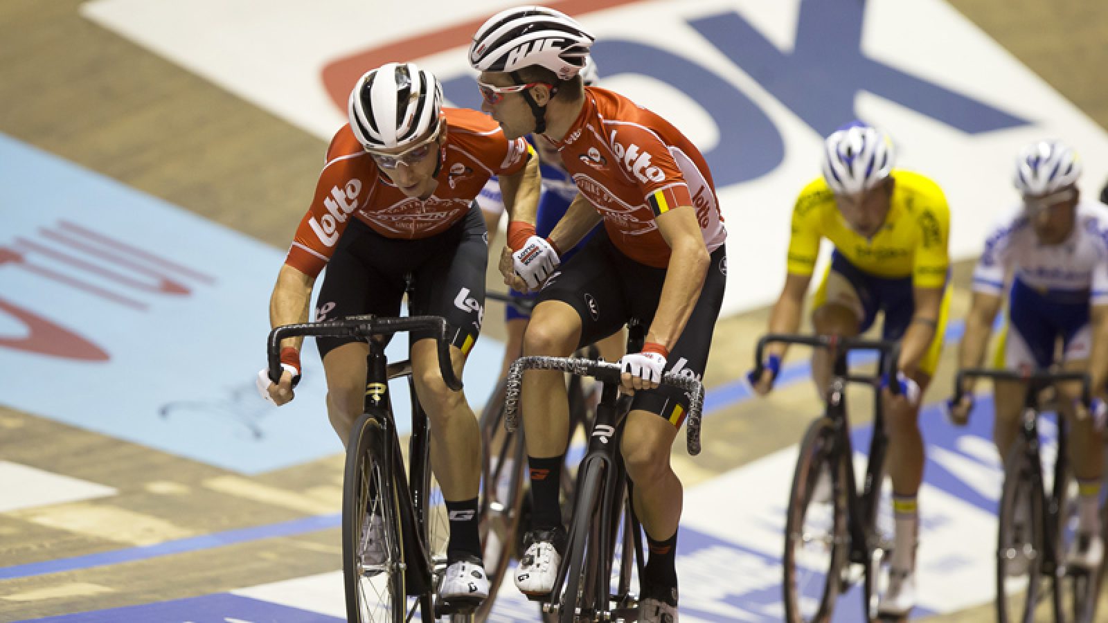 Belgian Jasper De Buyst and Belgian Tosh Van der Sande pictured during the first day of the Zesdaagse Vlaanderen-Gent six-day indoor cycling race at the indoor cycling arena 't Kuipke, Tuesday 13 November 2018, in Gent. This year's edition takes place from November 13th until November 18th. BELGA PHOTO KRISTOF VAN ACCOM