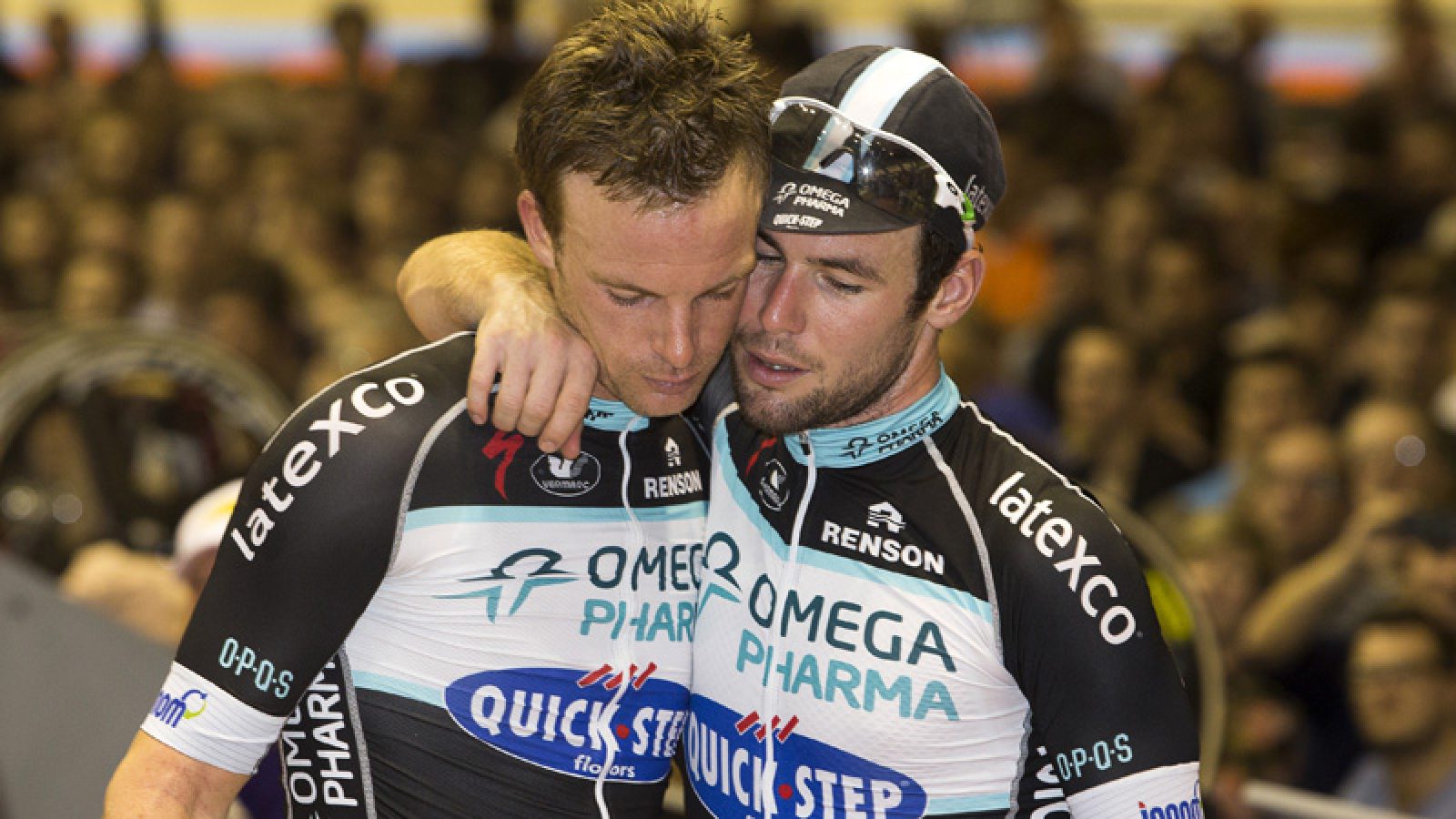 20141123 - GENT, BELGIUM: Belgian Iljo Keisse of team Omega Pharma - Quick Step and British Mark Cavendish of team Omega Pharma - Quick Step show defeat on the podium after the final day of the Zesdaagse Vlaanderen-Gent six-day indoor cycling race at the indoor cycling arena 'Het Kuipke', Sunday 23 November 2014, in Gent. The 74th edition takes place from November 18th until November 23rd. BELGA PHOTO KRISTOF VAN ACCOM